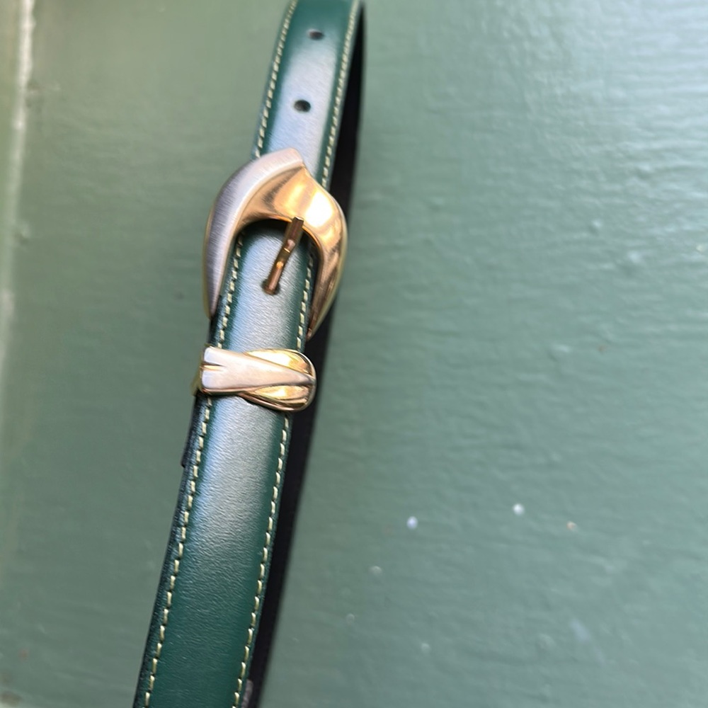 Green Leather Belt With Gold and silver buckle size L